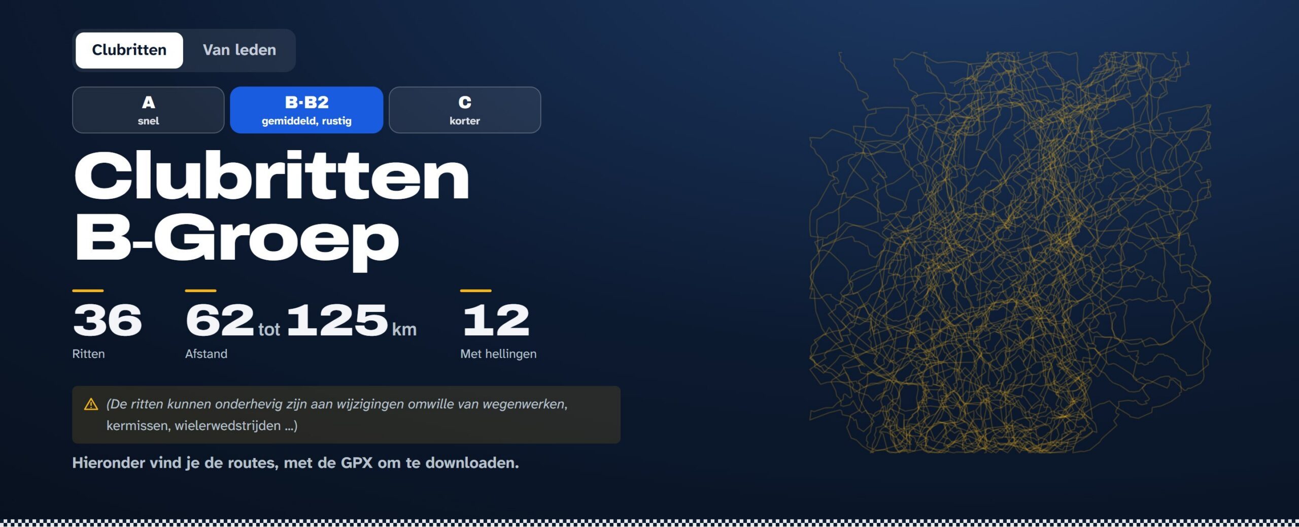 Kop van de pagina Clubritten met alle routes in goud op elkaar