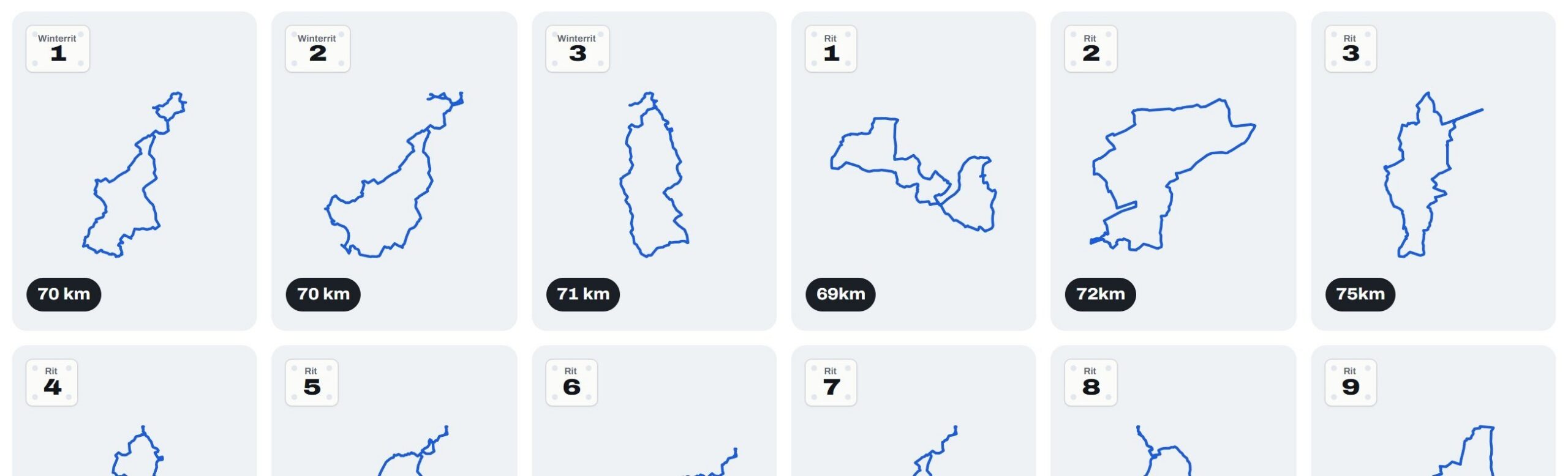 Routekaarten met de lus en het ploegkaartje van elke rit
